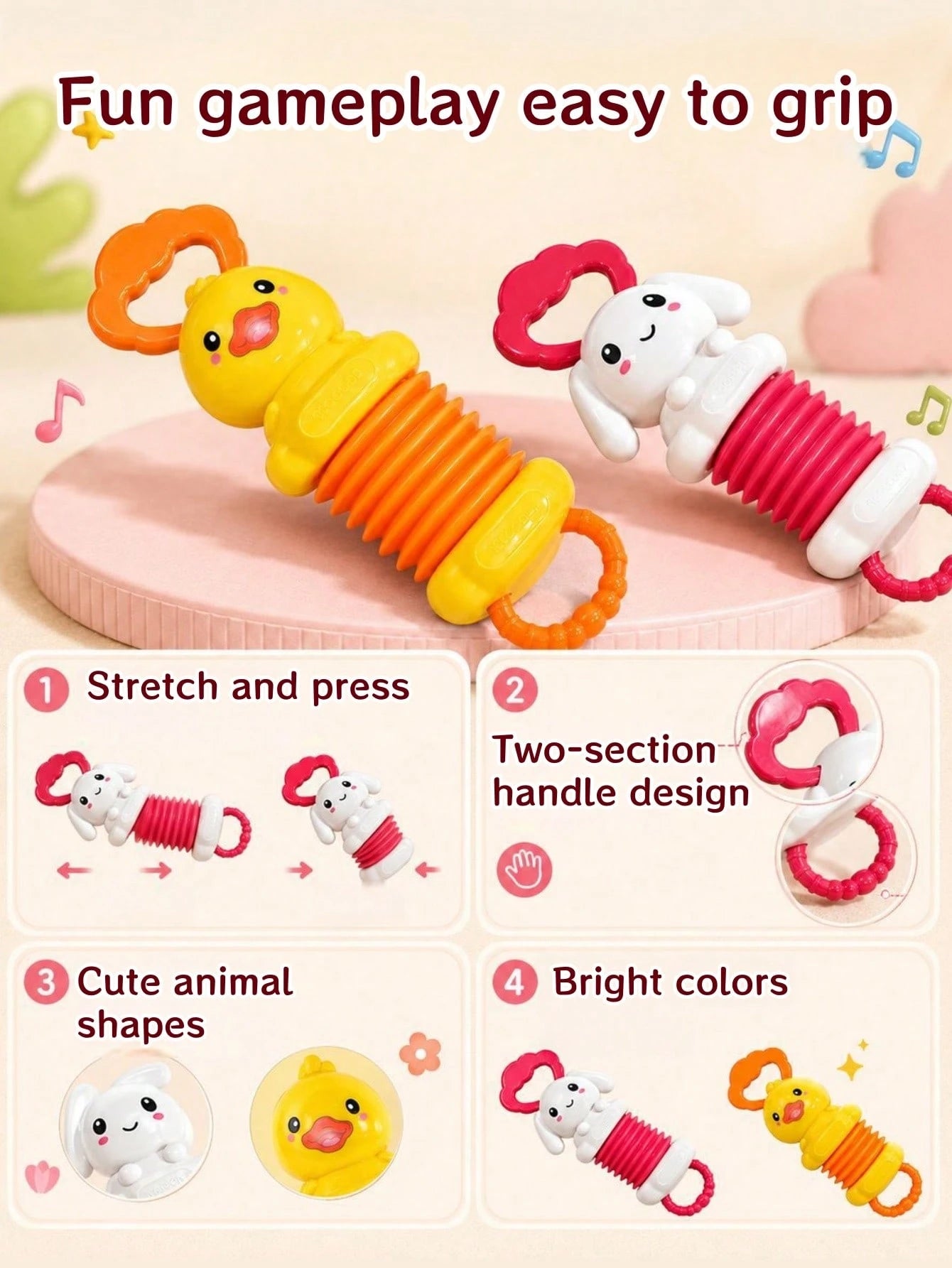 1pc 27cm Cute Cartoon Duck Rabbit Stretchable Baby Accordion Rattle Toy, Baby Grip Training, Early Learning Toy, Baby Bath, Indoor Crib Bedroom And Stroller Play All Year Round, Baby Toy, Montessori T