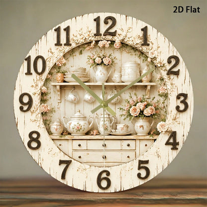 1Pc 2D Flat Rose Floral Print Wall Clock, 12Inch Silent Wooden Round Clock For Nursery Kitchen Office, Elegant Home Decor Gift, AA Battery