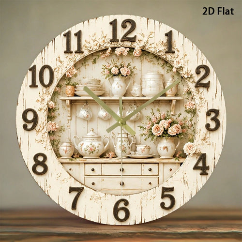 1Pc 2D Flat Rose Floral Print Wall Clock, 12Inch Silent Wooden Round Clock For Nursery Kitchen Office, Elegant Home Decor Gift, AA Battery