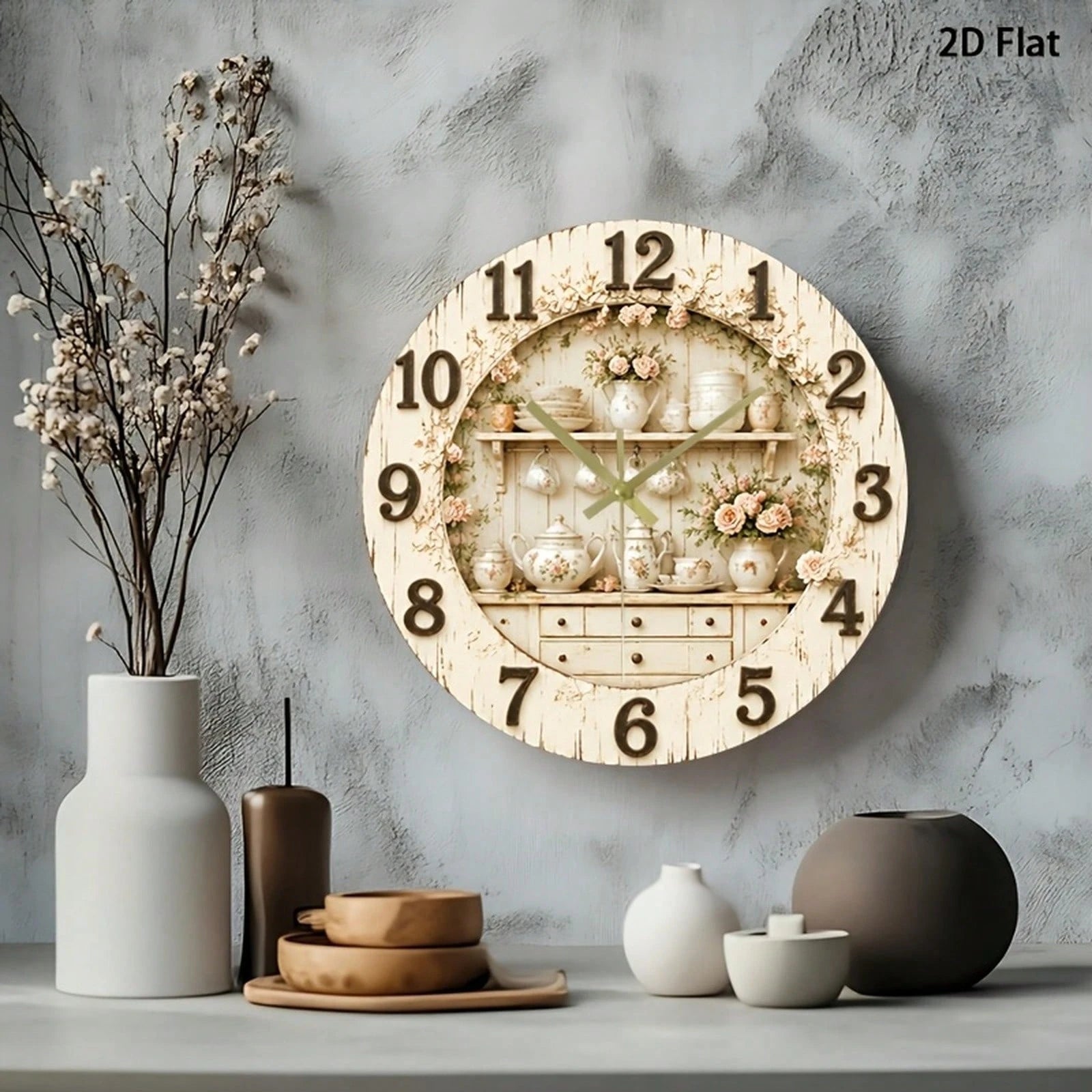 1Pc 2D Flat Rose Floral Print Wall Clock, 12Inch Silent Wooden Round Clock For Nursery Kitchen Office, Elegant Home Decor Gift, AA Battery