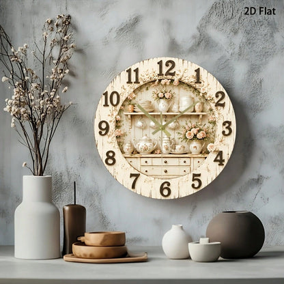 1Pc 2D Flat Rose Floral Print Wall Clock, 12Inch Silent Wooden Round Clock For Nursery Kitchen Office, Elegant Home Decor Gift, AA Battery