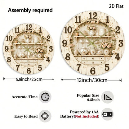 1Pc 2D Flat Rose Floral Print Wall Clock, 12Inch Silent Wooden Round Clock For Nursery Kitchen Office, Elegant Home Decor Gift, AA Battery