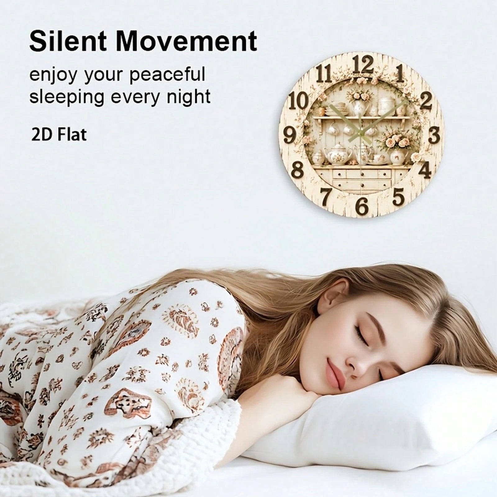 1Pc 2D Flat Rose Floral Print Wall Clock, 12Inch Silent Wooden Round Clock For Nursery Kitchen Office, Elegant Home Decor Gift, AA Battery