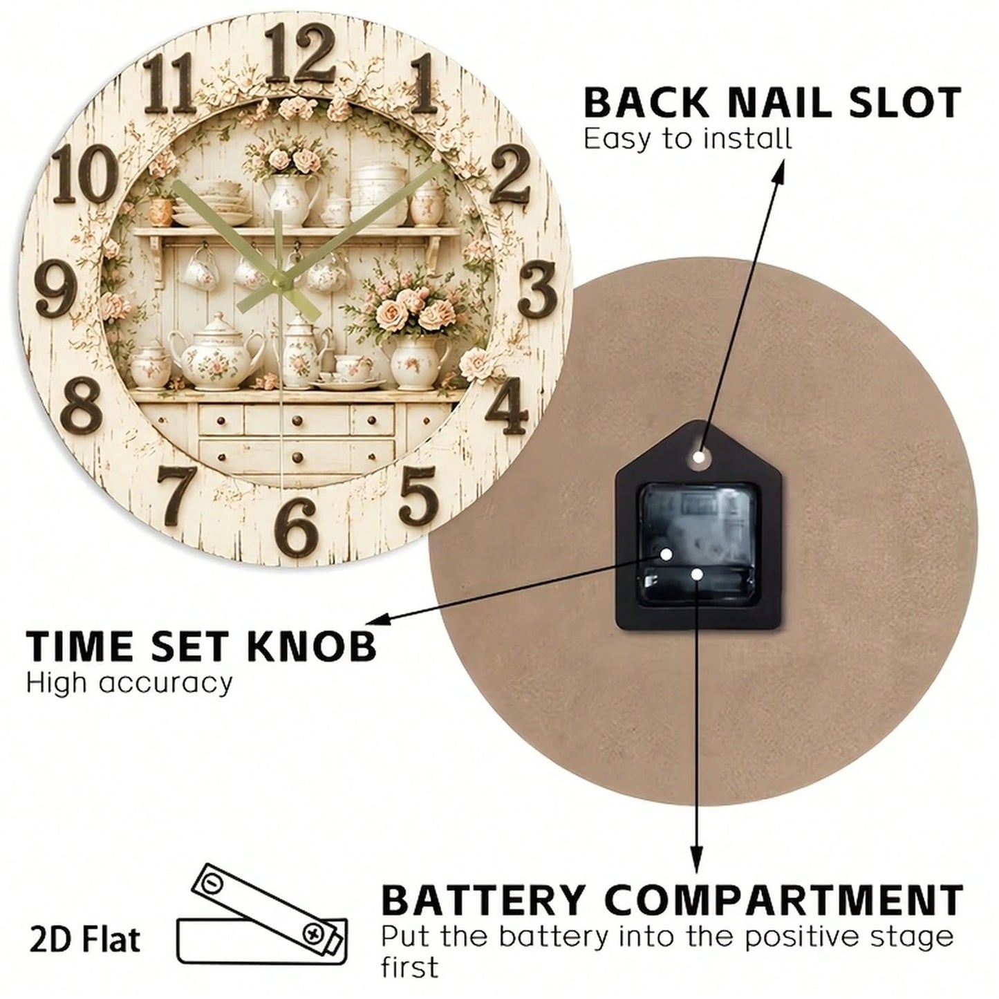 1Pc 2D Flat Rose Floral Print Wall Clock, 12Inch Silent Wooden Round Clock For Nursery Kitchen Office, Elegant Home Decor Gift, AA Battery