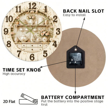 1Pc 2D Flat Rose Floral Print Wall Clock, 12Inch Silent Wooden Round Clock For Nursery Kitchen Office, Elegant Home Decor Gift, AA Battery