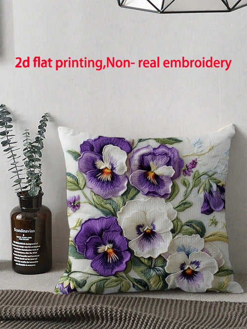 1pc, 2D Onlya Print, Super Soft Short Plush Throw Pillow, Flowers Botany Pansies Watercolor Spring Purple White, Ideal Choice For Modern Home Decoration (Excluding Pillow Core)(Without Embroidery) Mul