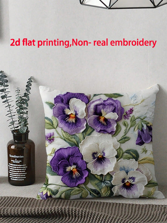 1pc, 2D Onlya Print, Super Soft Short Plush Throw Pillow, Flowers Botany Pansies Watercolor Spring Purple White, Ideal Choice For Modern Home Decoration (Excluding Pillow Core)(Without Embroidery) Mul