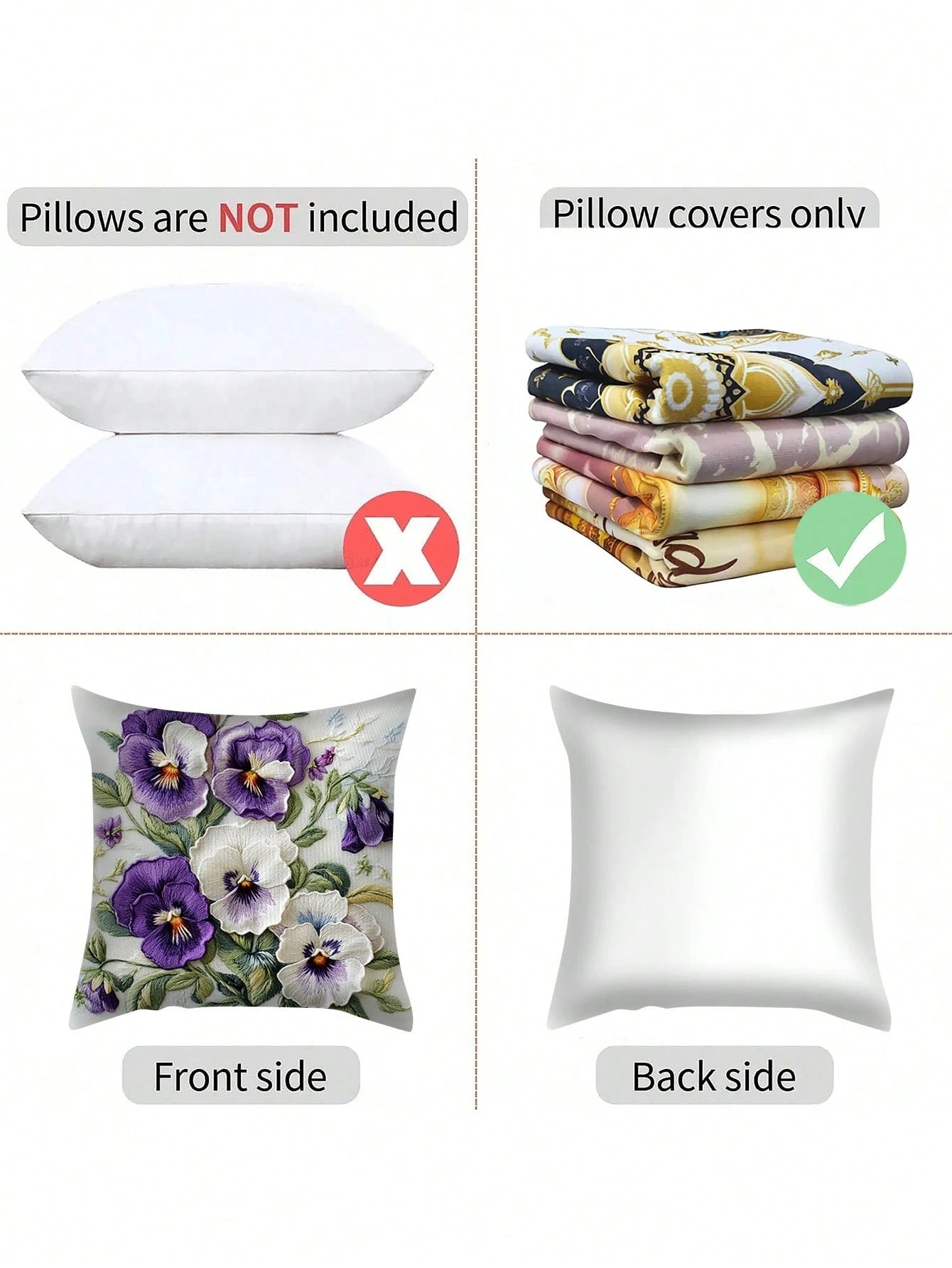 1pc, 2D Onlya Print, Super Soft Short Plush Throw Pillow, Flowers Botany Pansies Watercolor Spring Purple White, Ideal Choice For Modern Home Decoration (Excluding Pillow Core)(Without Embroidery) Mul