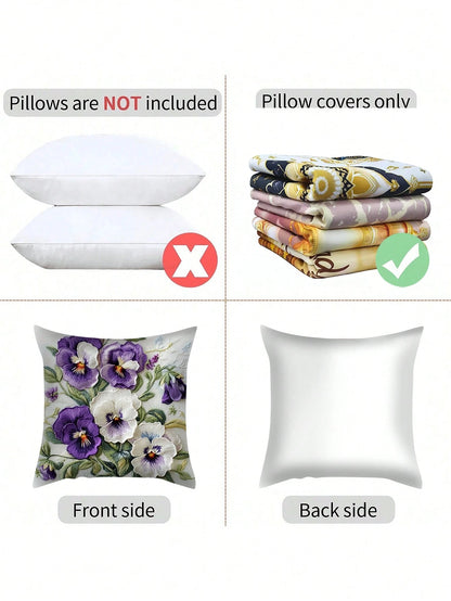1pc, 2D Onlya Print, Super Soft Short Plush Throw Pillow, Flowers Botany Pansies Watercolor Spring Purple White, Ideal Choice For Modern Home Decoration (Excluding Pillow Core)(Without Embroidery) Mul