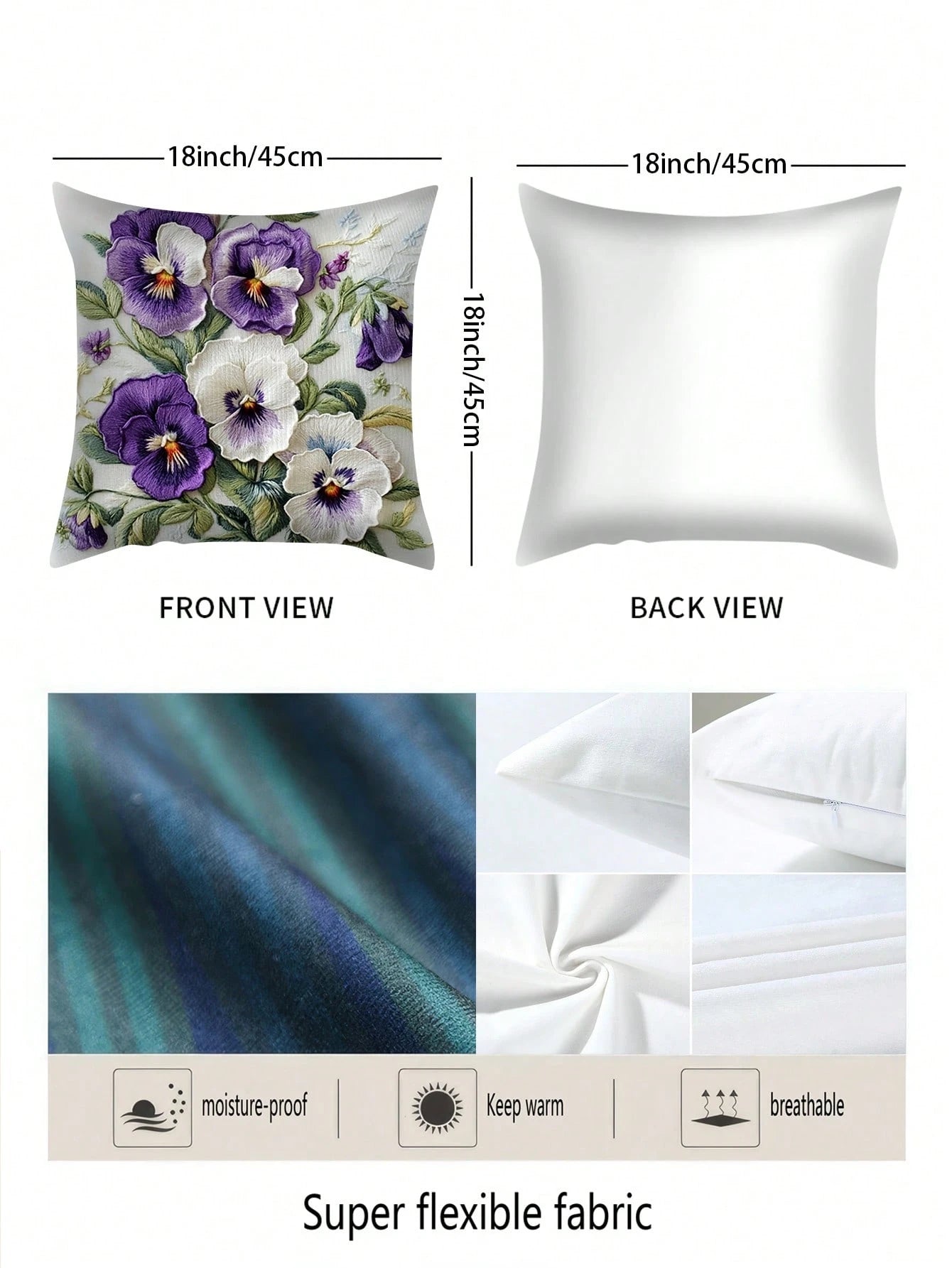 1pc, 2D Onlya Print, Super Soft Short Plush Throw Pillow, Flowers Botany Pansies Watercolor Spring Purple White, Ideal Choice For Modern Home Decoration (Excluding Pillow Core)(Without Embroidery) Mul