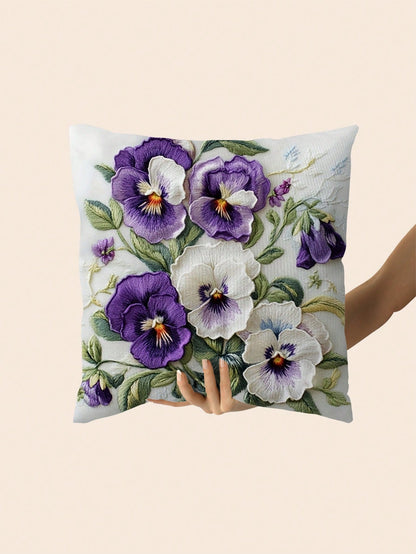 1pc, 2D Onlya Print, Super Soft Short Plush Throw Pillow, Flowers Botany Pansies Watercolor Spring Purple White, Ideal Choice For Modern Home Decoration (Excluding Pillow Core)(Without Embroidery) Mul