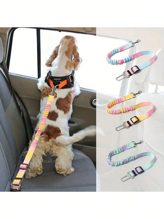 1pc/2pcs/3pcs Pet Car Safety Belt, Gradient Color Dog Retractable Leash, Rainbow Style Pet Leash, Elastic Shock Absorbing Car Safety Belt Nylon Safety Belt, Heavy Duty Durable Dog Car Safety Belt, Dog
