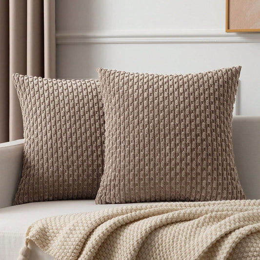 1pc/2pcs Bohemian Striped Pillow Cover (Pillow Insert Not Included), Soft Plush Corduroy Solid Color Decorative Square Pillow Case, Suitable For Holiday, Sofa, Bedroom, Bed, All Seasons