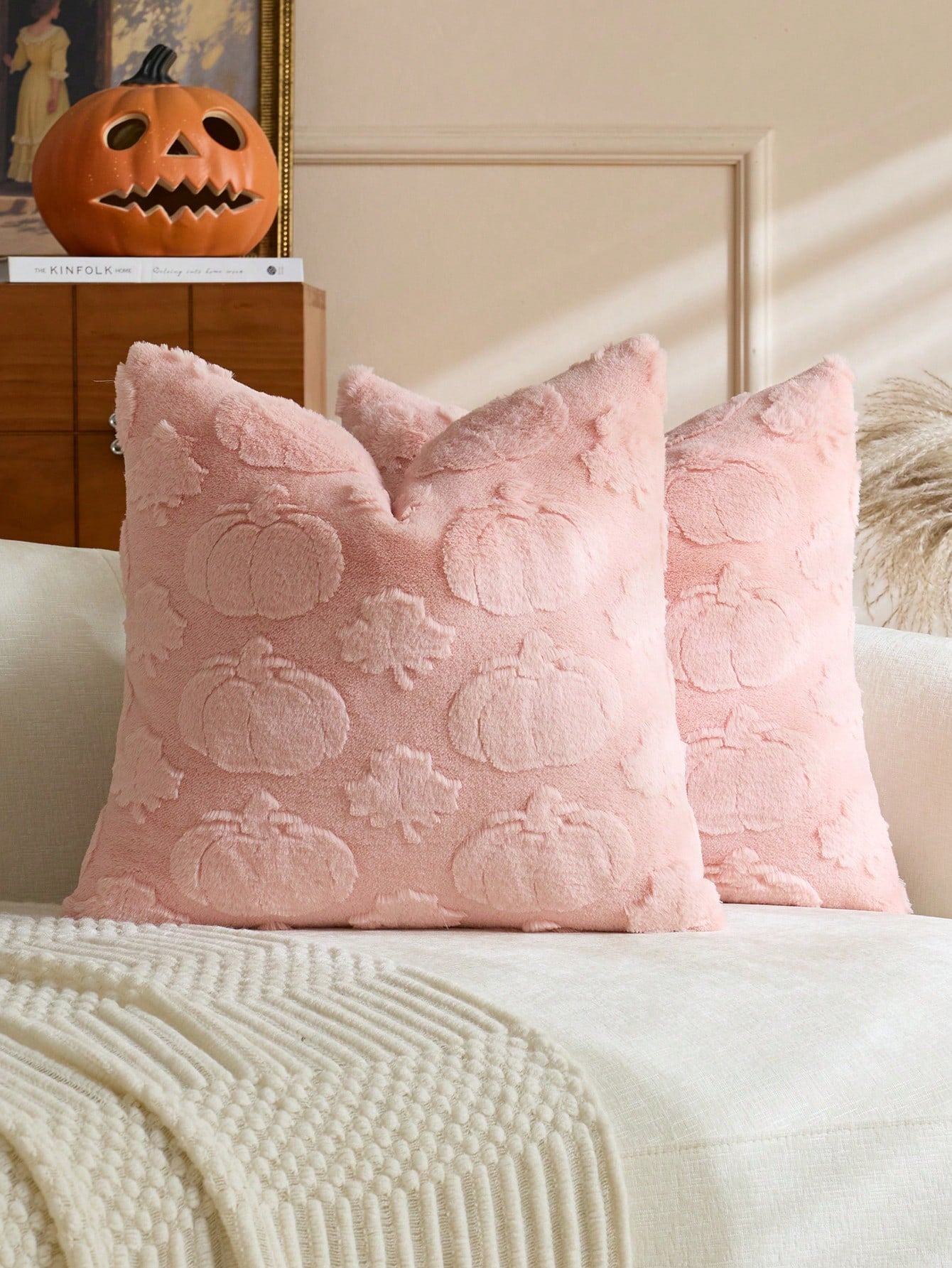 1pc/2pcs Halloween Pink Pumpkin Maple Leaf Decorative Pillow Case, Soft Faux Fur Front, Dutch Velvet Back, Square Cushion Cover, Holiday Home Decor Pillowcase, Soft Comfortable Velvet Fabric, Modern D