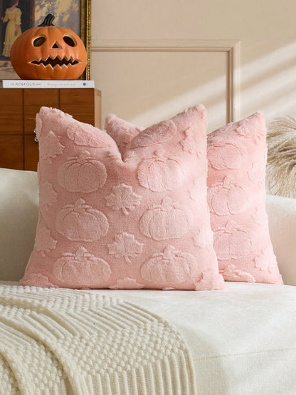 1pc/2pcs Halloween Pink Pumpkin Maple Leaf Decorative Pillow Case, Soft Faux Fur Front, Dutch Velvet Back, Square Cushion Cover, Holiday Home Decor Pillowcase, Soft Comfortable Velvet Fabric, Modern D