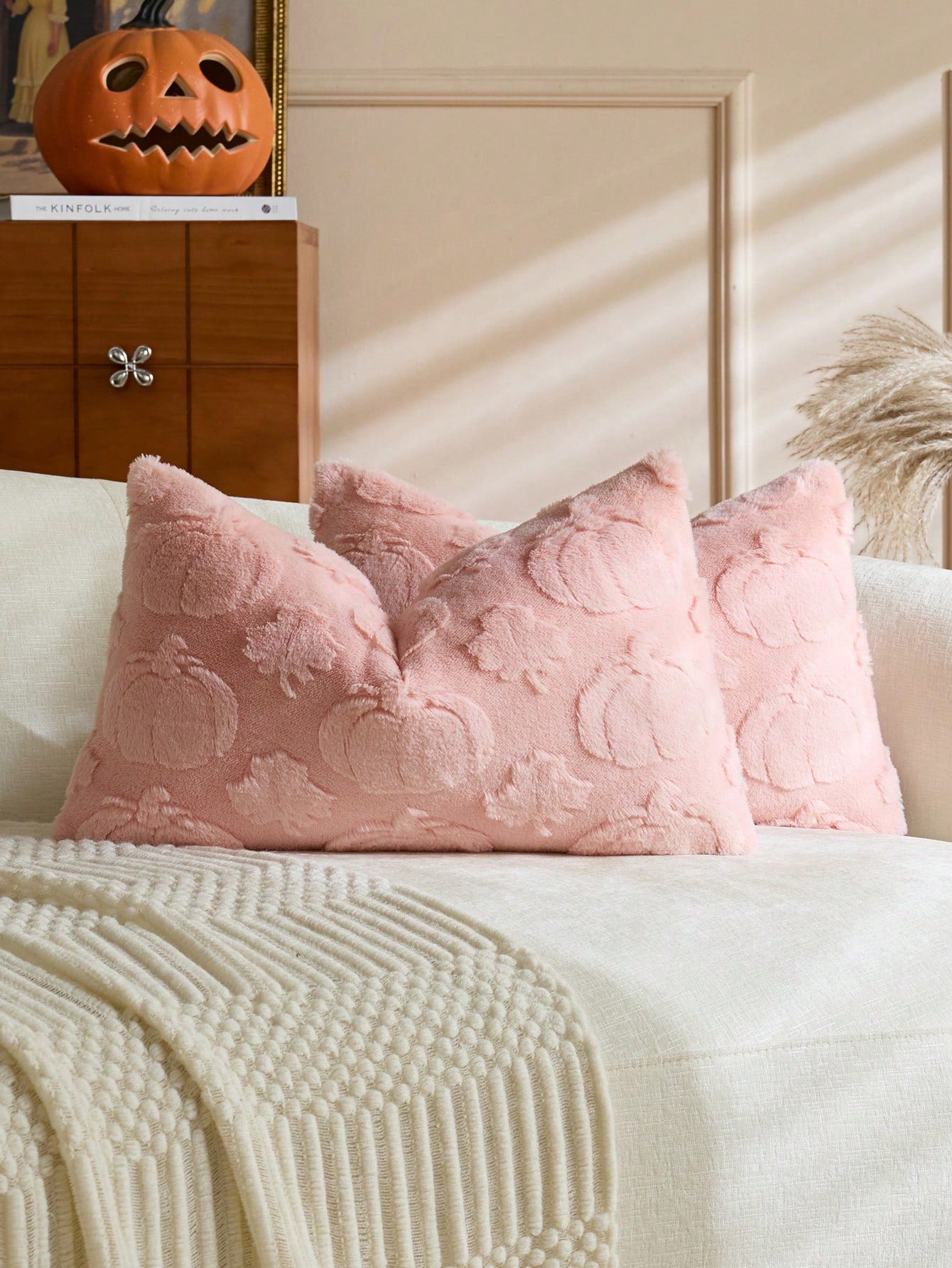 1pc/2pcs Halloween Pink Pumpkin Maple Leaf Decorative Pillow Case, Soft Faux Fur Front, Dutch Velvet Back, Square Cushion Cover, Holiday Home Decor Pillowcase, Soft Comfortable Velvet Fabric, Modern D