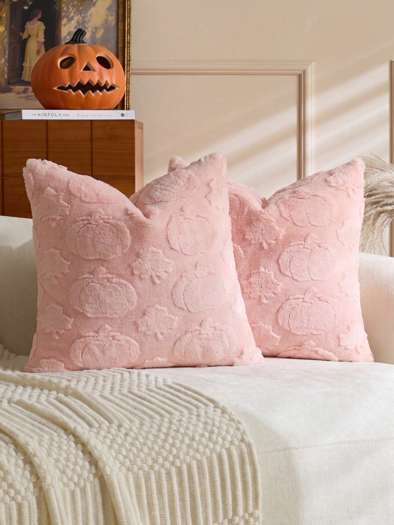 1pc/2pcs Halloween Pink Pumpkin Maple Leaf Decorative Pillow Case, Soft Faux Fur Front, Dutch Velvet Back, Square Cushion Cover, Holiday Home Decor Pillowcase, Soft Comfortable Velvet Fabric, Modern D