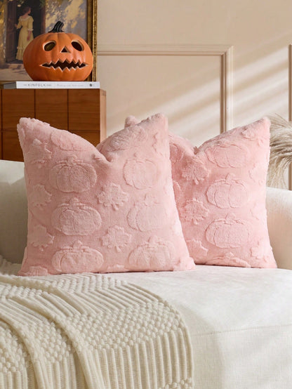 1pc/2pcs Halloween Pink Pumpkin Maple Leaf Decorative Pillow Case, Soft Faux Fur Front, Dutch Velvet Back, Square Cushion Cover, Holiday Home Decor Pillowcase, Soft Comfortable Velvet Fabric, Modern D