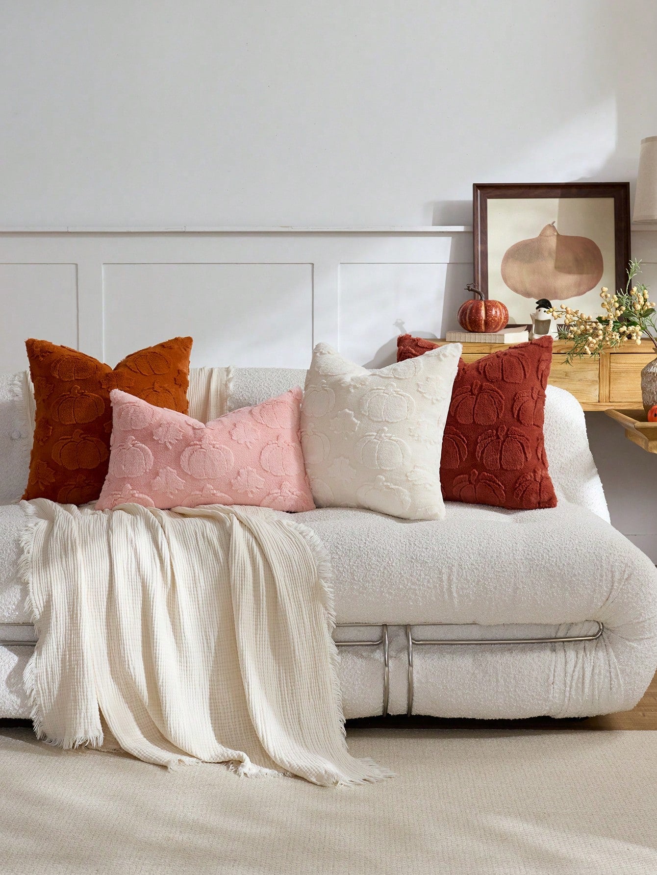 1pc/2pcs Halloween Pink Pumpkin Maple Leaf Decorative Pillow Case, Soft Faux Fur Front, Dutch Velvet Back, Square Cushion Cover, Holiday Home Decor Pillowcase, Soft Comfortable Velvet Fabric, Modern D