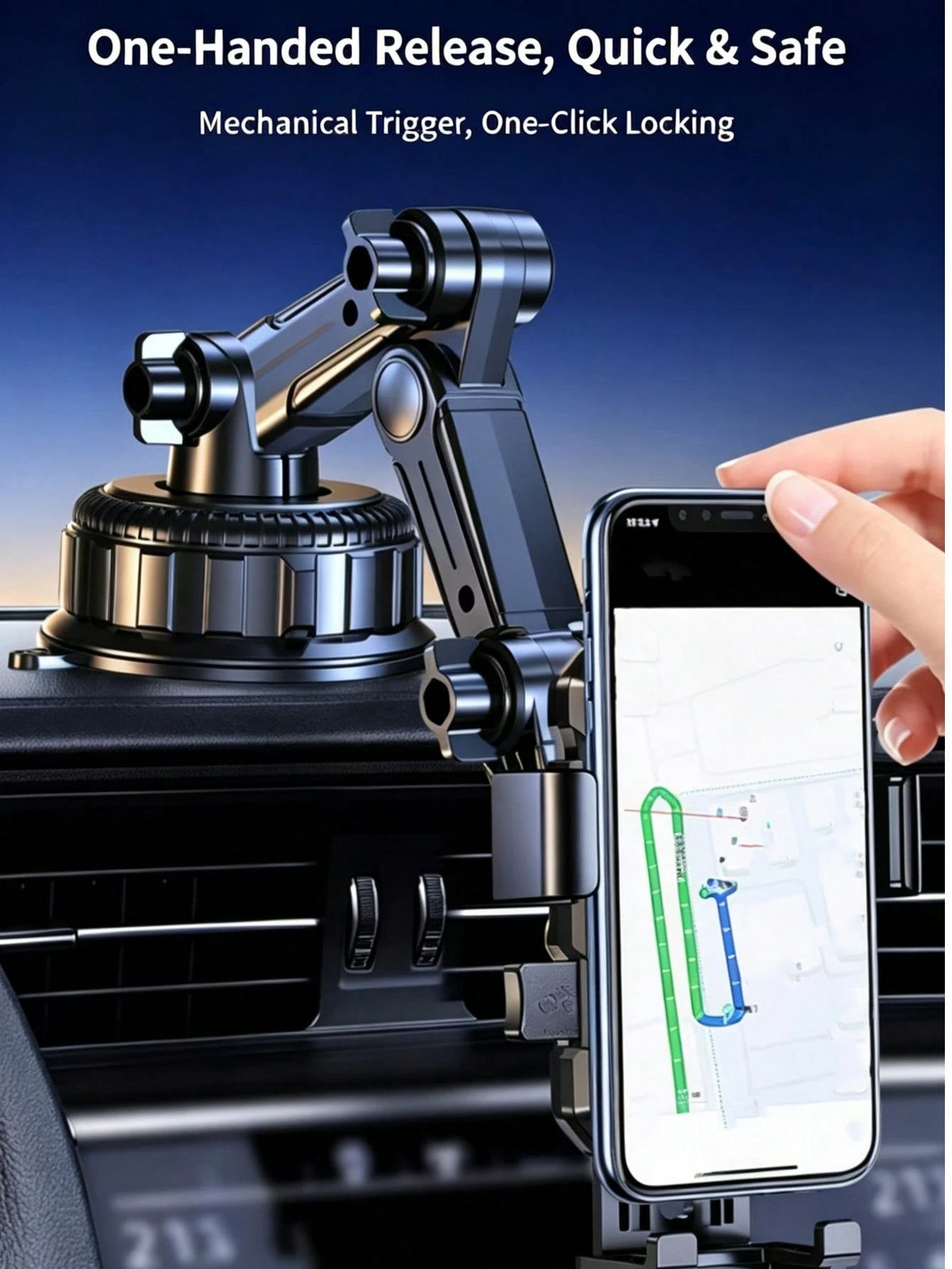 1pc 360 Degree Rotatable Mobile Phone Holder, Durable ABS, Dashboard Mount, Large Size Car Center Console Suction Cup Mobile Navigation Bracket, Adjustable Arm And Clamp, For Cars, Trucks, Engineering