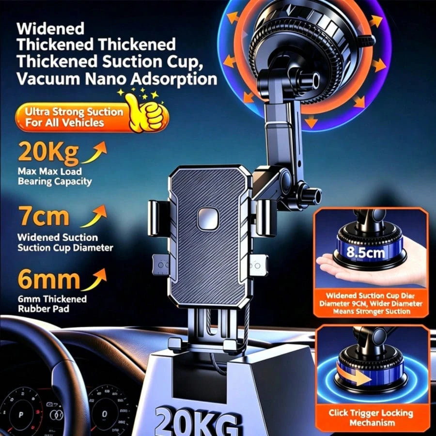 1pc 360 Degree Rotatable Mobile Phone Holder, Durable ABS, Dashboard Mount, Large Size Car Center Console Suction Cup Mobile Navigation Bracket, Adjustable Arm And Clamp, For Cars, Trucks, Engineering