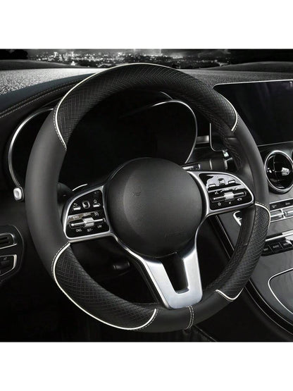 1pc 38cm Universal Car Steering Wheel Cover, Automotive Leather Diamond Quilted Color Block Design Interior Decor