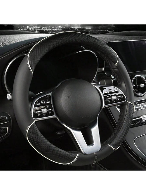 1pc 38cm Universal Car Steering Wheel Cover, Automotive Leather Diamond Quilted Color Block Design Interior Decor