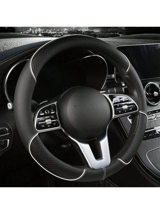 1pc 38cm Universal Car Steering Wheel Cover, Automotive Leather Diamond Quilted Color Block Design Interior Decor