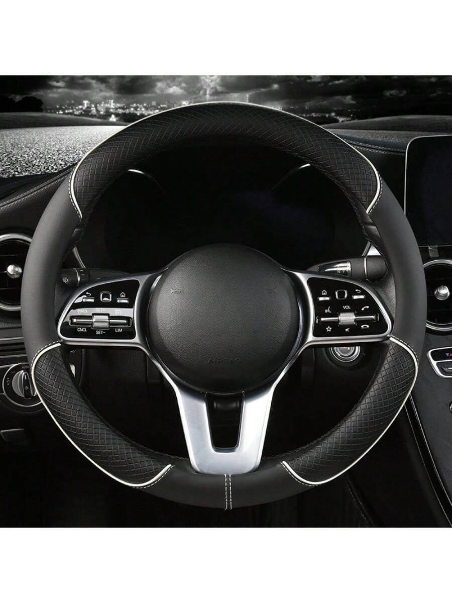 1pc 38cm Universal Car Steering Wheel Cover, Automotive Leather Diamond Quilted Color Block Design Interior Decor