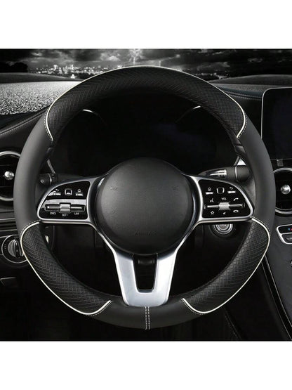 1pc 38cm Universal Car Steering Wheel Cover, Automotive Leather Diamond Quilted Color Block Design Interior Decor