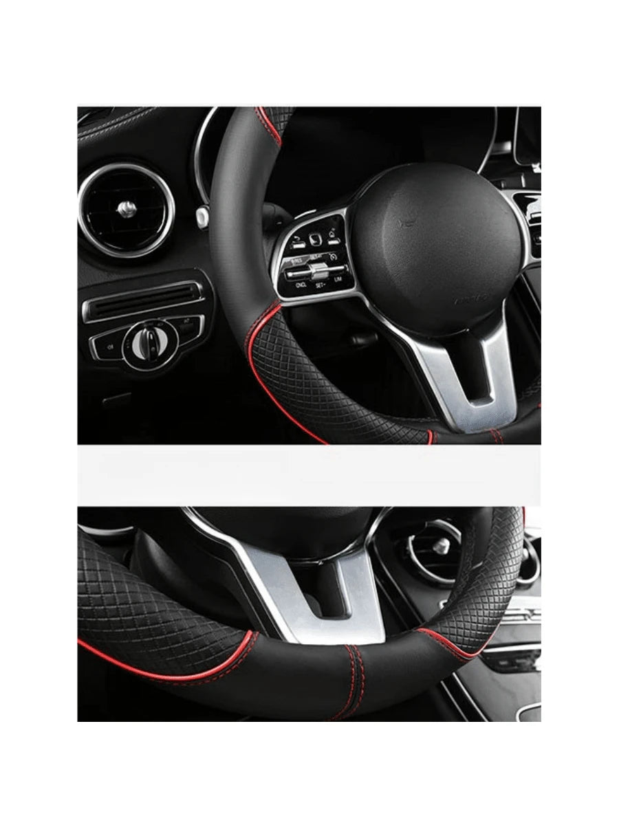 1pc 38cm Universal Car Steering Wheel Cover, Automotive Leather Diamond Quilted Color Block Design Interior Decor