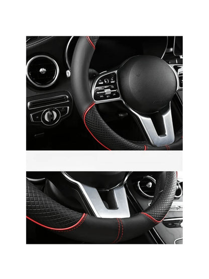 1pc 38cm Universal Car Steering Wheel Cover, Automotive Leather Diamond Quilted Color Block Design Interior Decor