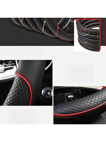 1pc 38cm Universal Car Steering Wheel Cover, Automotive Leather Diamond Quilted Color Block Design Interior Decor