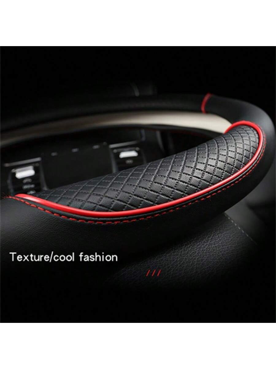 1pc 38cm Universal Car Steering Wheel Cover, Automotive Leather Diamond Quilted Color Block Design Interior Decor