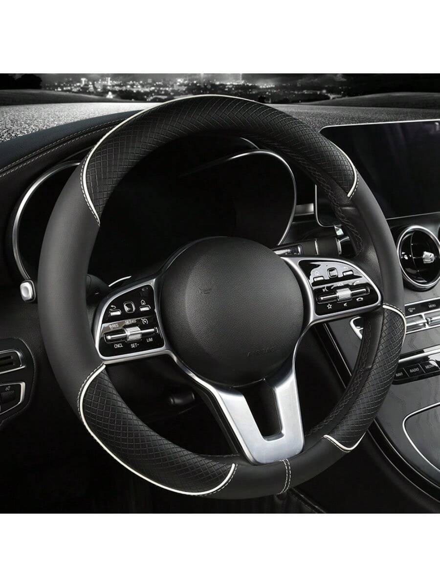 1pc 38cm Universal Car Steering Wheel Cover, Automotive Leather Diamond Quilted Color Block Design Interior Decor