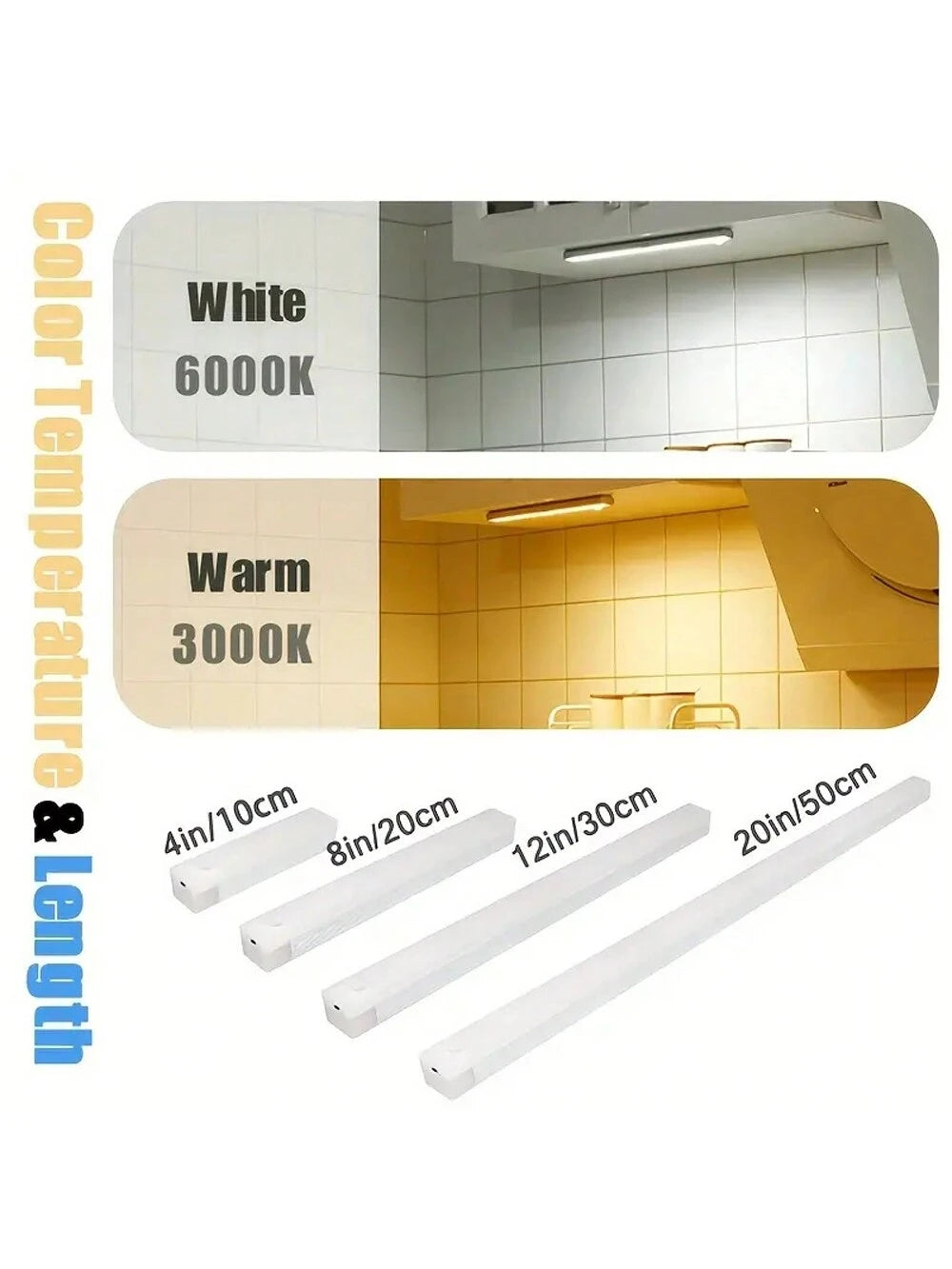 1pc 4in/8in/11.9in/19.8in Motion Sensor LED Light Bar, Warm & Cool Light, Body Activated, Rechargeable, Wireless, Slim, Suitable For Kitchen, Corridor, Wardrobe, Adjustable Brightness Cabinet Light