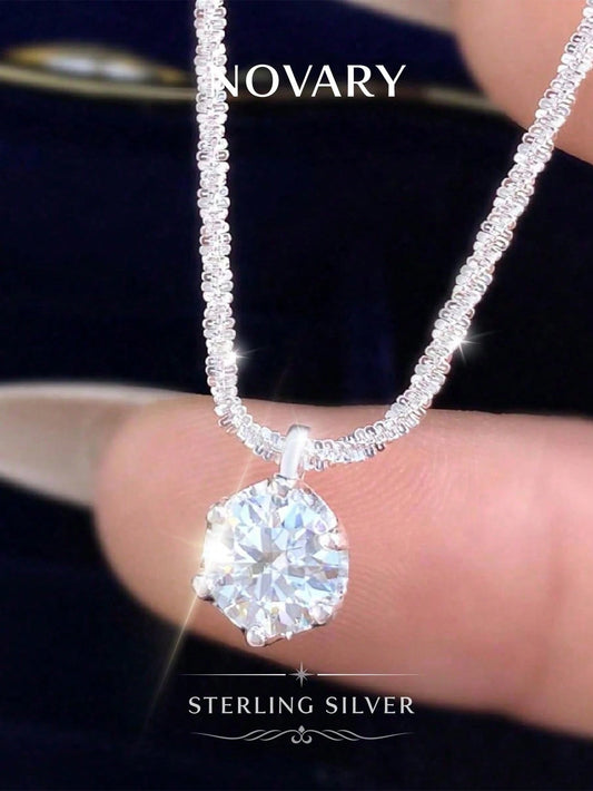 1pc 925 Sterling Silver 1 Carat 6-Prong Round D-Color Moissanite Diamond Pendant Necklace, Suitable For Women Wedding Bride Jewelry Party Gift Engagement Eternal Promise Necklace, Exquisite Jewelry