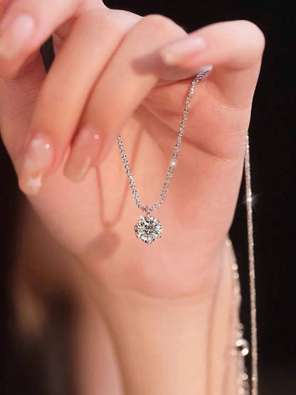 1pc 925 Sterling Silver 1 Carat 6-Prong Round D-Color Moissanite Diamond Pendant Necklace, Suitable For Women Wedding Bride Jewelry Party Gift Engagement Eternal Promise Necklace, Exquisite Jewelry