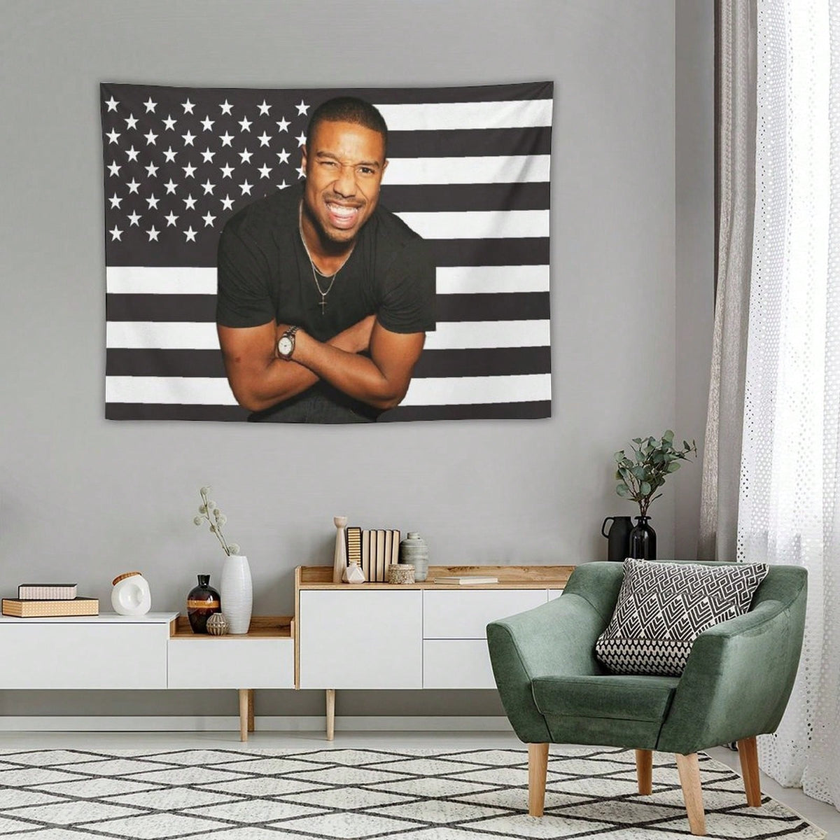 1PC Actor Michael B Jordans Printed American Flag Decorative Tapestry, Patriotic Star Spangled Banner Design, Suitable For Bedroom, Dormitory, And Living Room, Ideal Holiday Gift For Teenagers