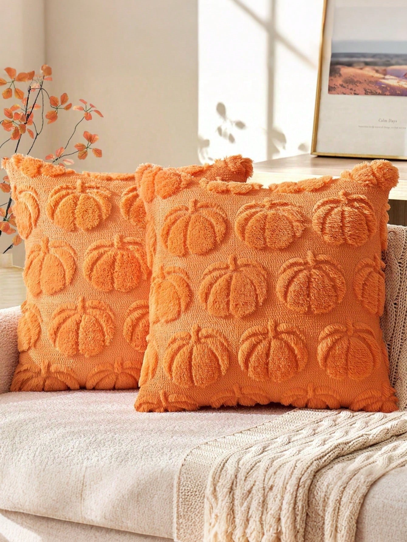 1pc Autumn Pillowcase, Autumn Decor, Autumn Rust Color Pumpkin Throw Pillow Cover, Decorative Pumpkin Pillowcase, Soft Faux Fur Faux Sheepskin Sofa Cushion Cover, Suitable For Chair, Sofa, Living Room
