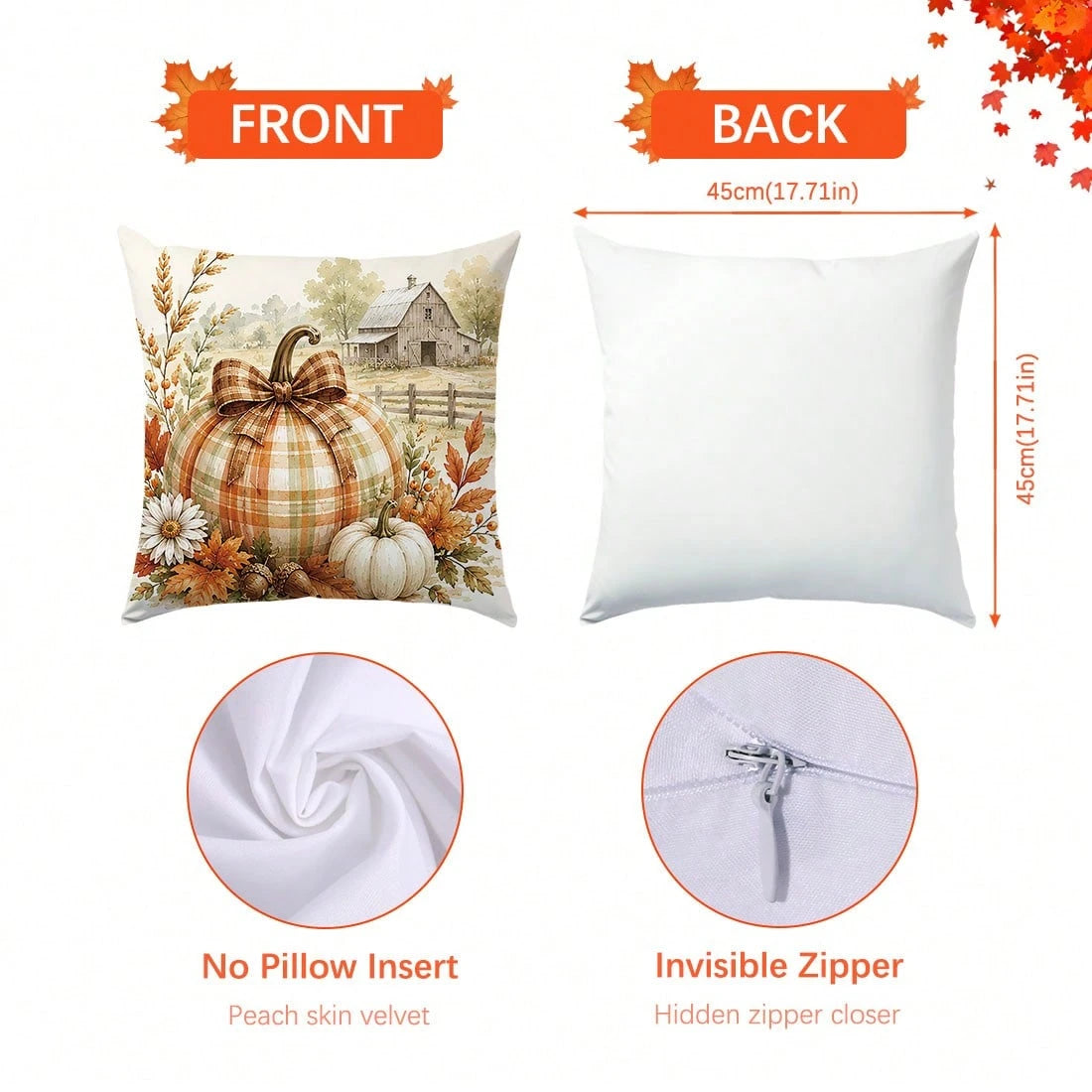 1pc Autumn Vintage Farm Pumpkin Leaf Cushion Cover, Single-Sided Printed Peach Skin Polyester Material, 45*45CM/18*18inch Pillow Case Suitable For Room Decoration, Modern Minimalist Sofa Living Room D