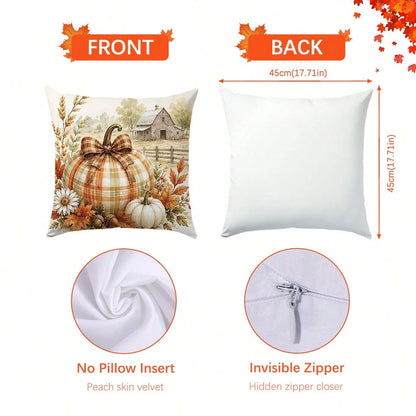 1pc Autumn Vintage Farm Pumpkin Leaf Cushion Cover, Single-Sided Printed Peach Skin Polyester Material, 45*45CM/18*18inch Pillow Case Suitable For Room Decoration, Modern Minimalist Sofa Living Room D