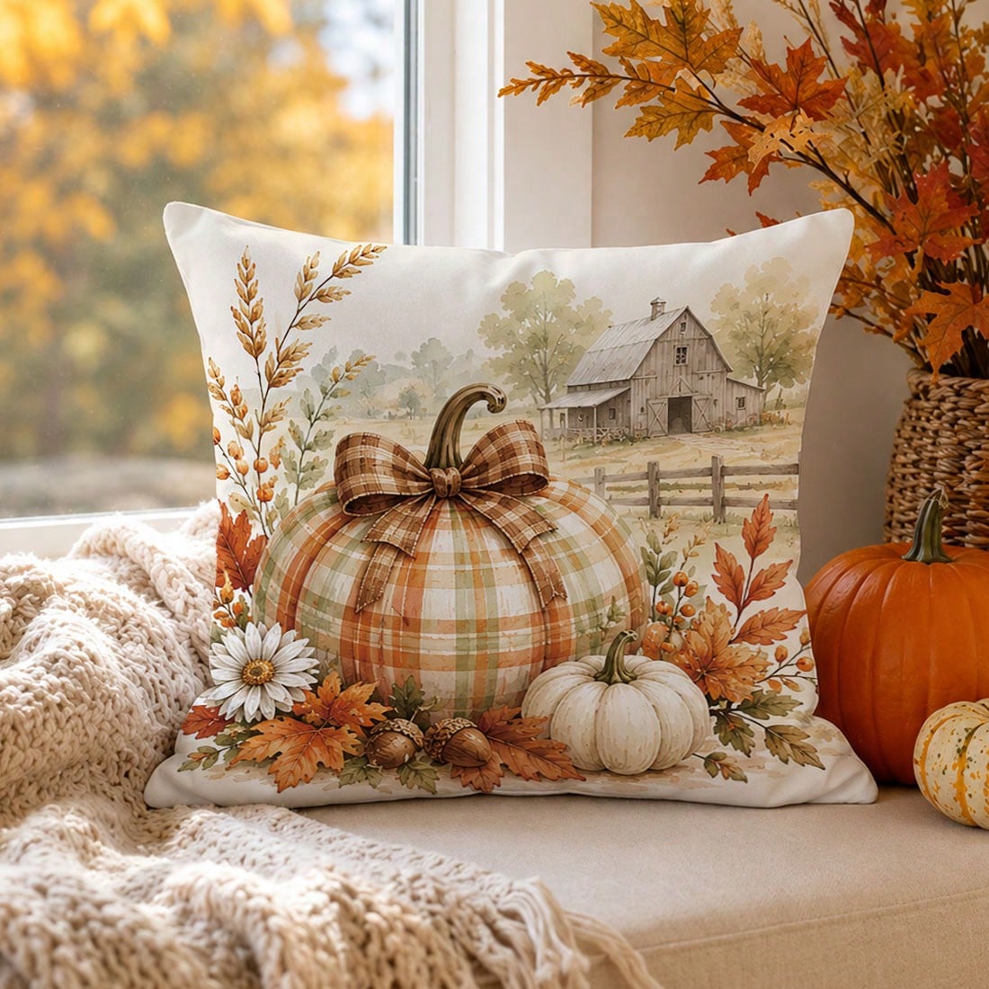 1pc Autumn Vintage Farm Pumpkin Leaf Cushion Cover, Single-Sided Printed Peach Skin Polyester Material, 45*45CM/18*18inch Pillow Case Suitable For Room Decoration, Modern Minimalist Sofa Living Room D