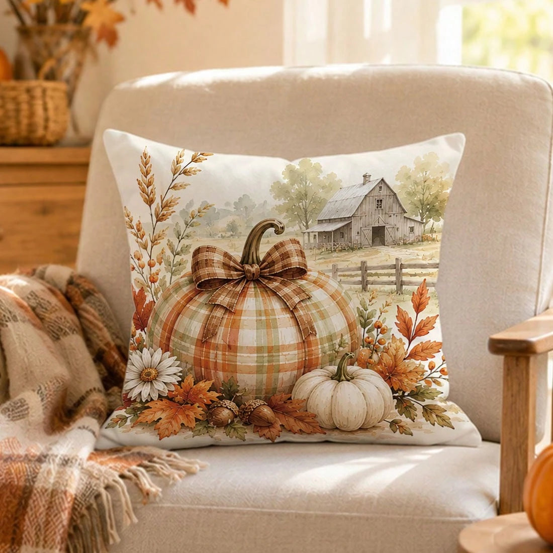 1pc Autumn Vintage Farm Pumpkin Leaf Cushion Cover, Single-Sided Printed Peach Skin Polyester Material, 45*45CM/18*18inch Pillow Case Suitable For Room Decoration, Modern Minimalist Sofa Living Room D