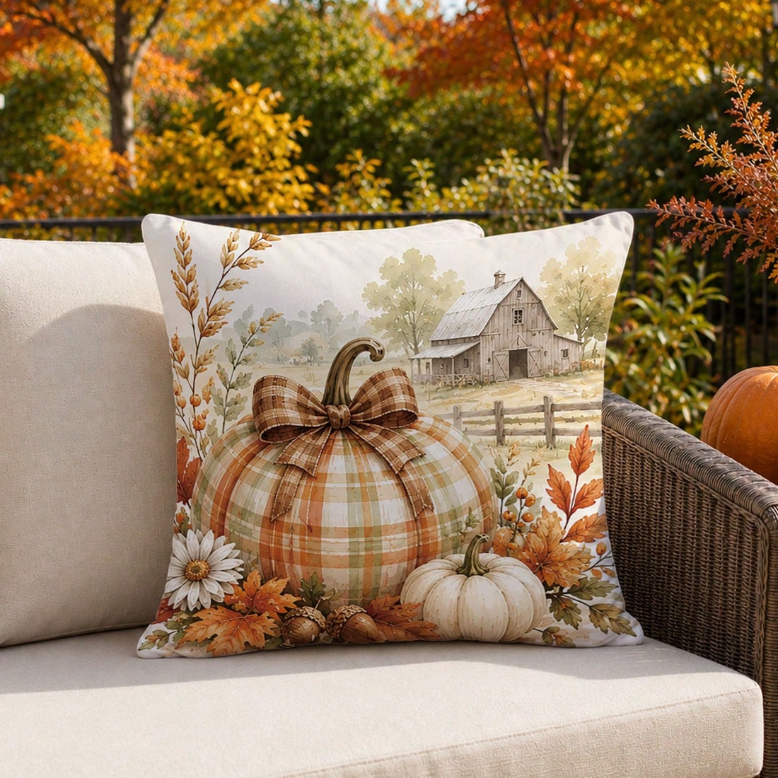 1pc Autumn Vintage Farm Pumpkin Leaf Cushion Cover, Single-Sided Printed Peach Skin Polyester Material, 45*45CM/18*18inch Pillow Case Suitable For Room Decoration, Modern Minimalist Sofa Living Room D