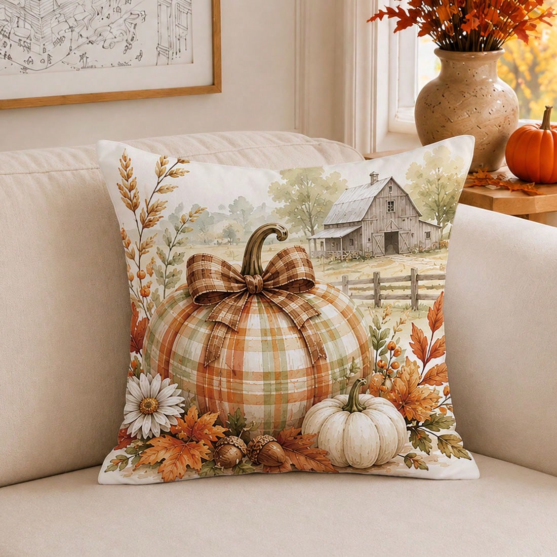 1pc Autumn Vintage Farm Pumpkin Leaf Cushion Cover, Single-Sided Printed Peach Skin Polyester Material, 45*45CM/18*18inch Pillow Case Suitable For Room Decoration, Modern Minimalist Sofa Living Room D