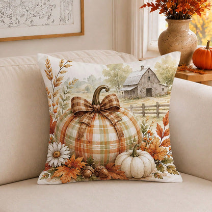 1pc Autumn Vintage Farm Pumpkin Leaf Cushion Cover, Single-Sided Printed Peach Skin Polyester Material, 45*45CM/18*18inch Pillow Case Suitable For Room Decoration, Modern Minimalist Sofa Living Room D