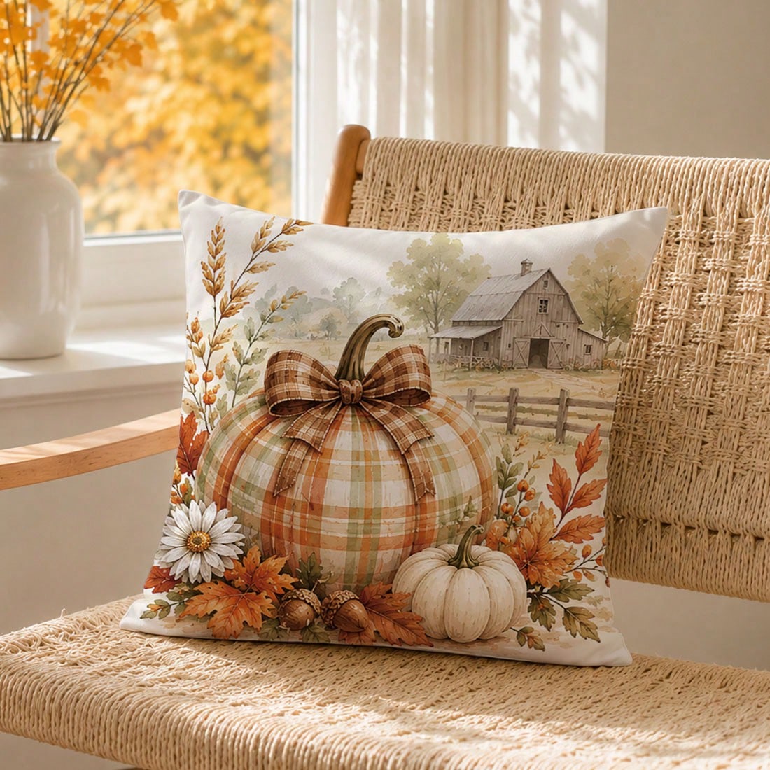 1pc Autumn Vintage Farm Pumpkin Leaf Cushion Cover, Single-Sided Printed Peach Skin Polyester Material, 45*45CM/18*18inch Pillow Case Suitable For Room Decoration, Modern Minimalist Sofa Living Room D