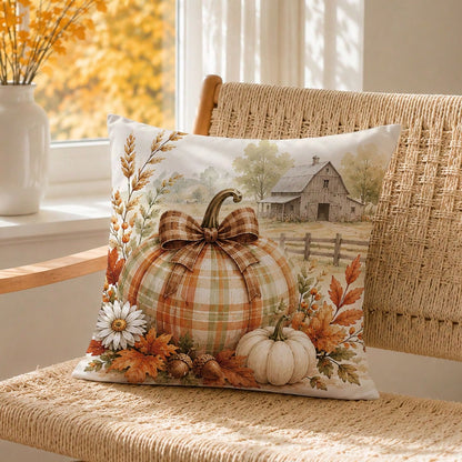 1pc Autumn Vintage Farm Pumpkin Leaf Cushion Cover, Single-Sided Printed Peach Skin Polyester Material, 45*45CM/18*18inch Pillow Case Suitable For Room Decoration, Modern Minimalist Sofa Living Room D