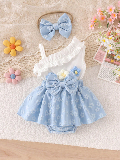 1pc Baby Girl Cute Asymmetric Shoulder Strap Tank Top With Patchwork Skirt And Headband, Thin Spring/Summer Style